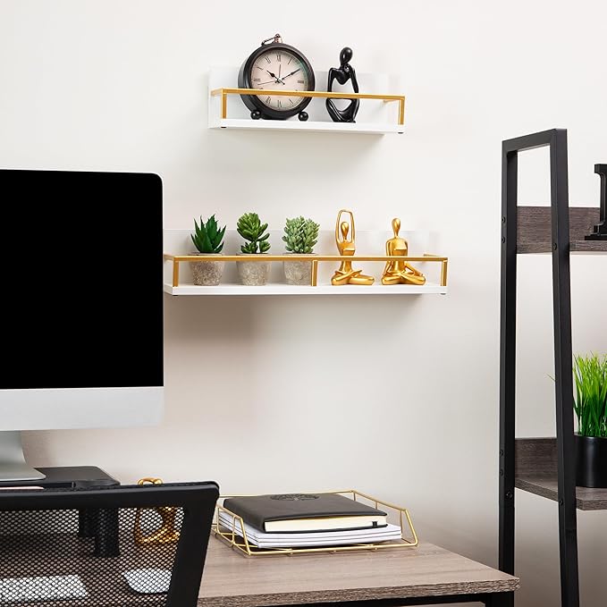 Mind Reader Floating Shelves, Wall-Mounted Office Organizers, Modern MDF Display Storage with Metal Rail, Metal. MDF, Set of 2, White