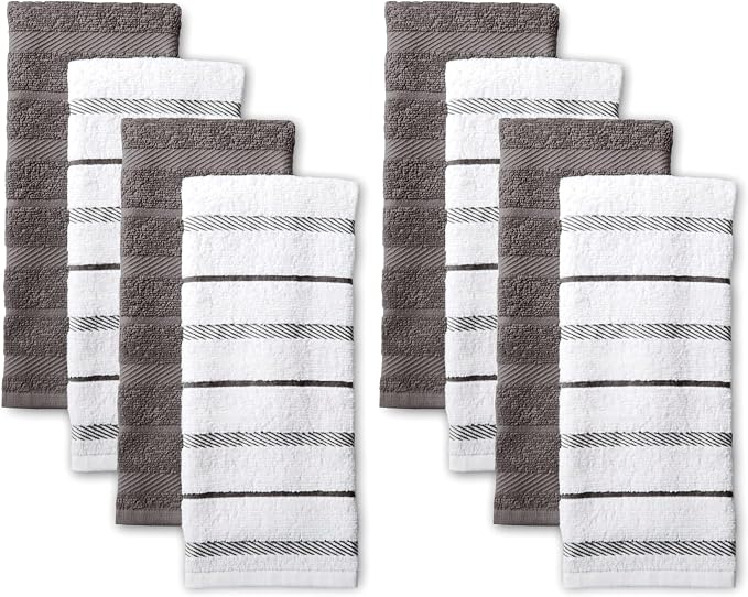 KitchenAid Albany Kitchen Towel 8-Pack Set, Charcoal Grey/White, 16"x26"