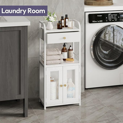 SWTYMIKI 14.57"x32.28" Bathroom Storage Cabinet – Freestanding Toilet Paper Storage with Doors & Drawer, Bathroom Organizers and Storage for Small Spaces, Laundry Room, Ideal for Towels, White