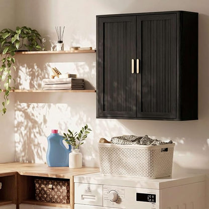 INNOD Bathroom Storage Cabinet, Over The Toilet Storage Cabinet, Medicine Cabinet with Adjustable Wood Shelf & Doors for Laundry Room & Kitchen & Living Room(Black)
