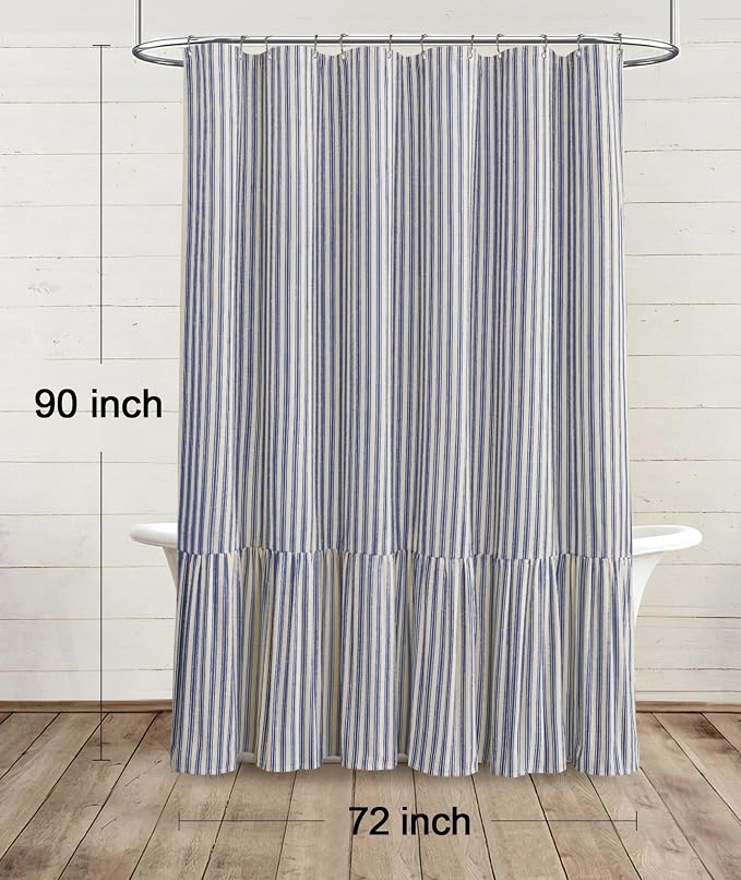 Farmhouse Shower Curtain Ruffle Linen Cream-Blue Stripe 72"W x 90"L | Farmhouse Boho, Striped, Bottom Ruffle, Linen Fabric, Rustic, Country, Natural Look, Washable, for Bathroom Bathtub
