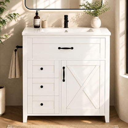 Bellemave 30" Bathroom Vanity with Sink, Bathroom vanities, White Bathroom Vanity with Drawers, Sink Cabinet, White 30"