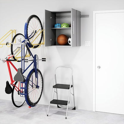 Prepac HangUps 24'' Upper Cabinet, Wall Hanging Storage Cupboard for Garage, Bathroom, Kitchen, Laundry Room Organization, Light Gray with Satin Nickel Handles