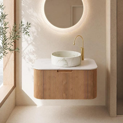 30 Inch Bathroom Vanity with Sink, Floating Wall Mounted Single Sink Vanity, Natural Woodgrain Curved Fluted Front, Stone Top, Marble-Look Round Vessel Basin, Pre-Assembled