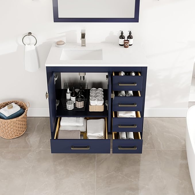 Eviva London 36 in. Blue Single Sink Bath Vanity with Carrara Quartz Top and Undermount Porcelain Sink