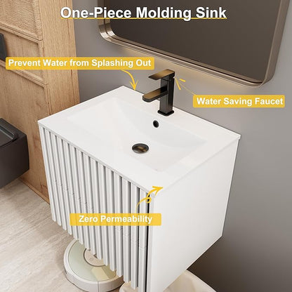 eclife 24" Floating Bathroom Vanity with Sink Combo, Modern Wall Mounted Cabinet with 2 Fluted Drawers, Undermount Sink, Faucet, Drain, Mixed White