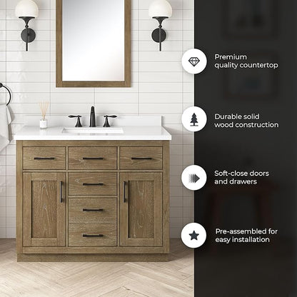 OVE Decors Bailey 42 in. Single Sink Freestanding Driftwood Oak Bathroom Vanity with White Quartz Top, Matching Backsplash and Power Bar