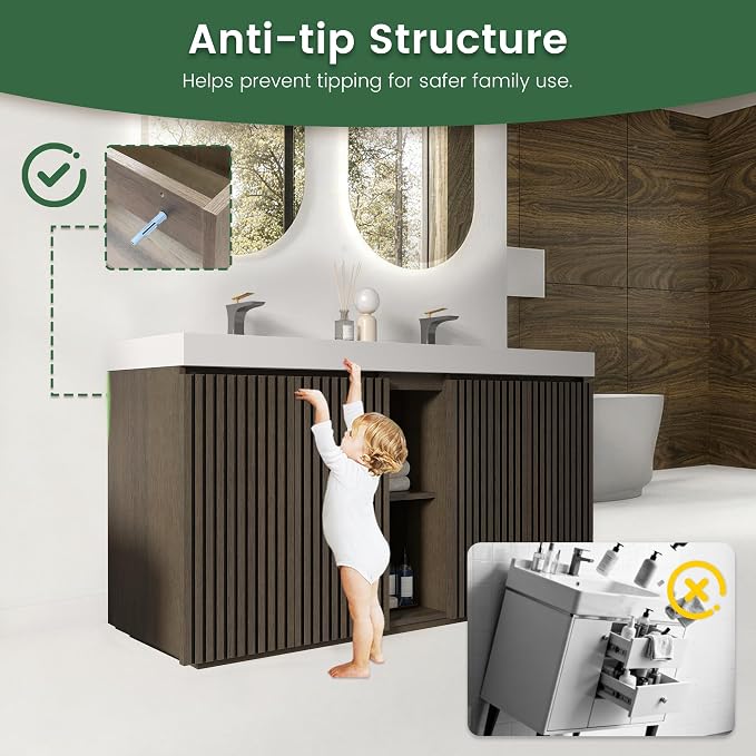60" Bathroom Vanity with Double Sink, Freestanding Double Sink Bathroom Vanity with White Engineered Stone Top, Open Storage Cabinet & Adjustable Shelf, 4 Soft-Closing Doors, Smoked Oak Brown
