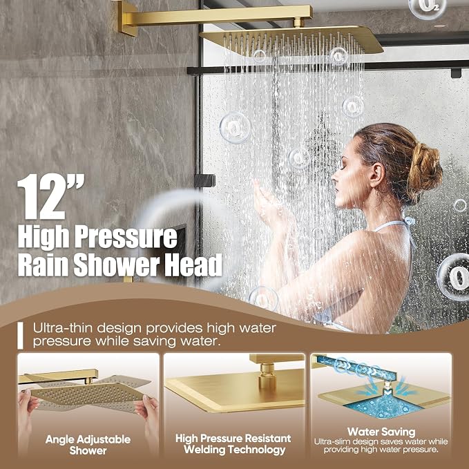 Gabrylly Rain Shower Head with Handheld Spray Combo, 12", Brushed Gold | All Metal Shower System, High Pressure Rainfall Shower Faucet Set, Solid Brass Shower Valve Complete Shower Set for Bathroom