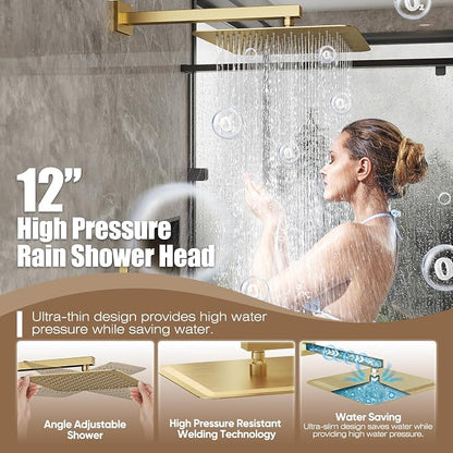 Gabrylly Rain Shower Head with Handheld Spray Combo, 12", Brushed Gold | All Metal Shower System, High Pressure Rainfall Shower Faucet Set, Solid Brass Shower Valve Complete Shower Set for Bathroom