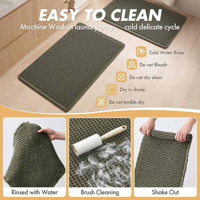 MIULEE Set of 2 Waffle Bathroom Rugs Boho Bath Mat Green 17"x24"+20"x32" | Non Slip, Super Absorbent, Washable, Ultra Soft, Rubber Backed Bath Rugs for Bathroom Floor Tub Shower