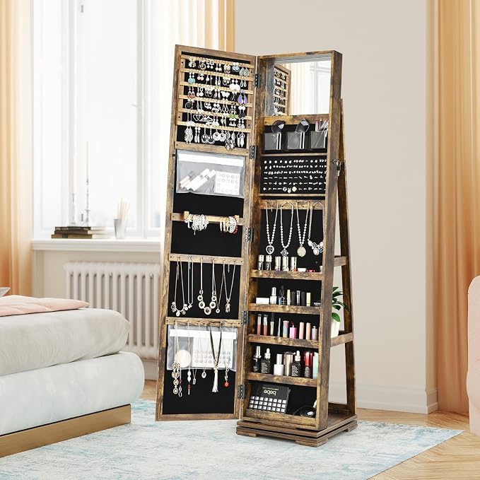 LOKO 360° Rotating Jewelry Armoire, Freestanding Jewelry Cabinet with Inside Makeup Mirror, 2-in-1 Lockable Jewelry Organizer w/Full-Length Mirror for Women (Rustic Brown)