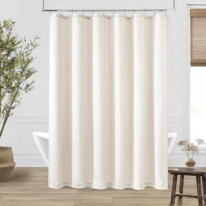 Cream Linen Shower Curtain for Bathroom Water Repellent 72x90 Inch | Cream Colored Ivory Earth Tone, Shower Curtains 90 Inches Long, Neutral Boho Shabby Chic Country Rustic, Cloth Drapes