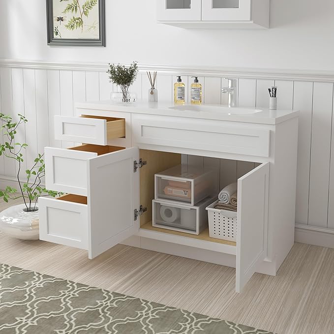 Vanity Art 48 inch Bathroom Vanity with Double Shutter Door, Wood Bathroom Vanity Cabinet with Soft Closing Shaker Drawer, Sturdy Floor Mounted Storage Cabinet Organizer for Bathroom, VA4048-3-W