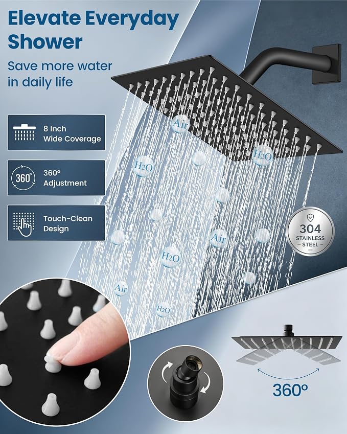 Airuida Shower Faucet Set,8 Inch Shower Valve Kit,Matte Black | Male Threads,Rough-in Valve Shower Trim Kit,Single Handle Control Shower Set