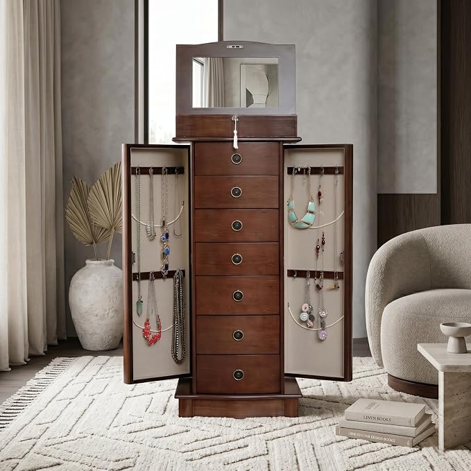 Hives and Honey Nora Jewelry Armoire Cabinet with Mirror – 7 Drawers, Locking Top, Necklace Hooks, Anti-Tarnish Felt – Traditional Standing Jewelry Organizer for Women, Walnut