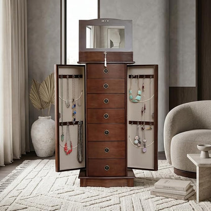 Hives and Honey Nora Jewelry Armoire Cabinet with Mirror – 7 Drawers, Locking Top, Necklace Hooks, Anti-Tarnish Felt – Traditional Standing Jewelry Organizer for Women, Walnut