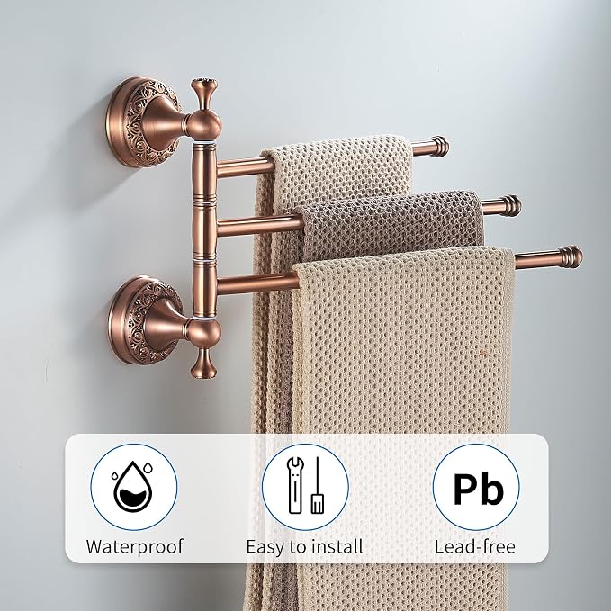 Red Copper Bath Folding Towel Holder, Wall Mounted Towel Rack Bathroom Hardware Accessories, Pattern Carving Design