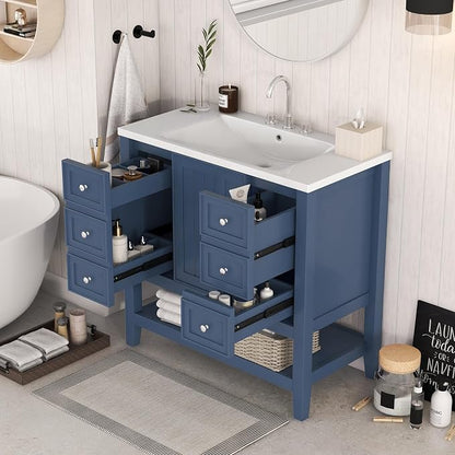 36" Bathroom Vanity with Sink Combo,One Three Drawers,Multi-Functional Solid Wood Cabinets Frame w/Adjustable Shelf & Silver Round Knobs,Stainless Steel Hinges,Blue