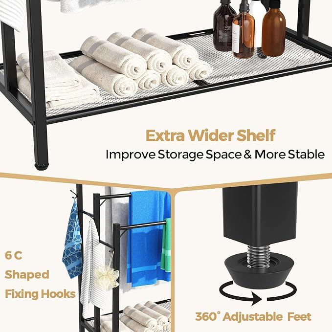 HavenlyYouth 3 Tier Towel Rack with Large Storage & 6 Hooks, Blanket Rack for Oversized Bath Towels, Free Standing Pool Towel Rack Stand for Bathroom Pool Indoor/Outdoor, 35.8" H x 31.5" L x 11.8" W