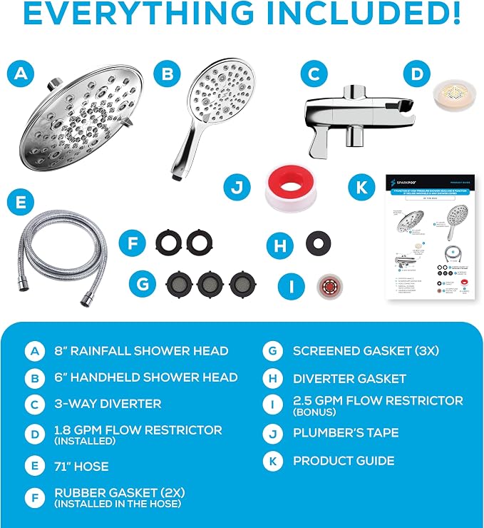 SparkPod Dual Shower Head - 8'' High Pressure 55-Mode Rain Shower Heads with Handheld Spray Combo - Rainfall, Handheld & Dual Mode - Easy Install 3-Way Showerhead with Hose & Holder (Polished Chrome)