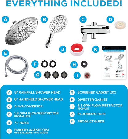 SparkPod Dual Shower Head - 8'' High Pressure 55-Mode Rain Shower Heads with Handheld Spray Combo - Rainfall, Handheld & Dual Mode - Easy Install 3-Way Showerhead with Hose & Holder (Polished Chrome)