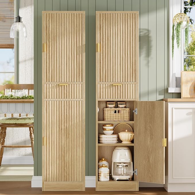 TEENFON 67″ Storage Cabinet with 1 Drawer and 2 Doors,Tall Bathroom Storage Cabinet with Adjustable Shelves, Rattan Fluted Cabinet for Bathroom, Living Room, Kitchen, Natural Oak