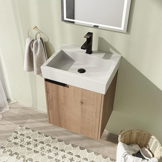 18" Bathroom Vanity with Sink, 18 Inch Floating Bathroom Vanity for Small Space, Modern Bathroom Vanity, Brown Wall Mounted Cabinet Set（015）