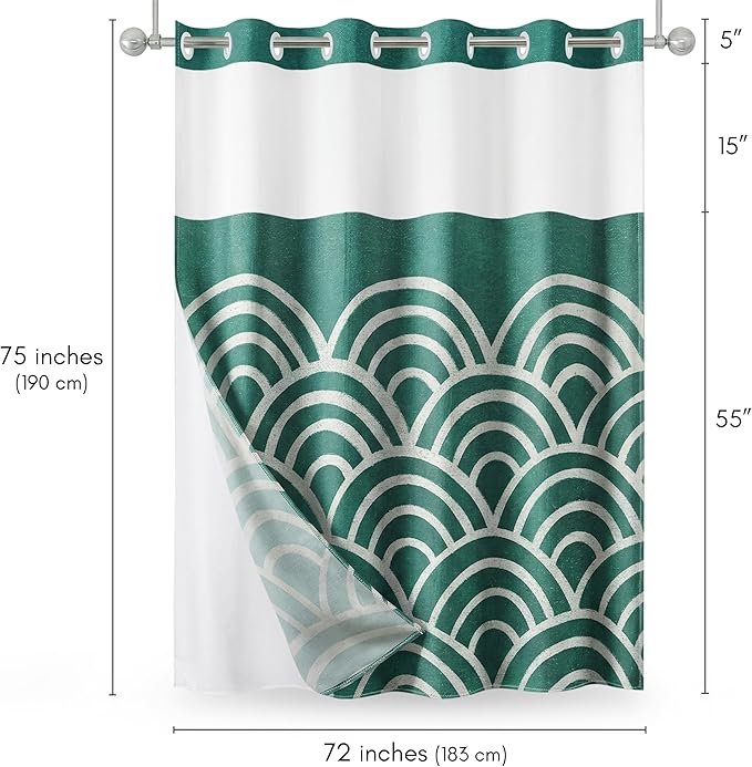 Americanflat 72x75 Hookless Shower Curtain - Water-Resistant Wave Pattern Shower Curtain with Sheer Panel, Snap-in Liner, and Durable Grommets - 100% Polyester - Teal and White