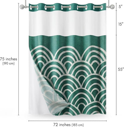 Americanflat 72x75 Hookless Shower Curtain - Water-Resistant Wave Pattern Shower Curtain with Sheer Panel, Snap-in Liner, and Durable Grommets - 100% Polyester - Teal and White