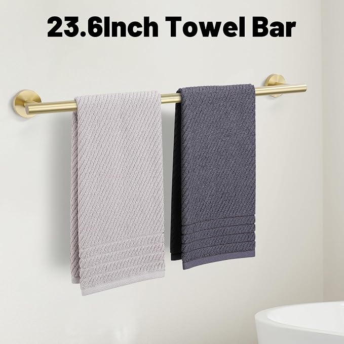 5 Pieces Brushed Gold Bathroom Hardware Accessories Set SUS304 Stainless Steel Gold Towel Bar Holder Set, 23.6Inch Towel Racks for Bathroom, Robe Towel Hooks, Toilet Paper Holder Wall Mounted
