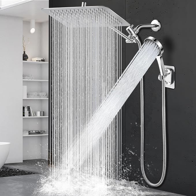 14 Inch Shower Head, Rain Shower Head with Adustable Extension Arm, Detachable Silver Rina Shower Head with Handheld Spray, High Pressure Shower Hose with Holder in Bathroom
