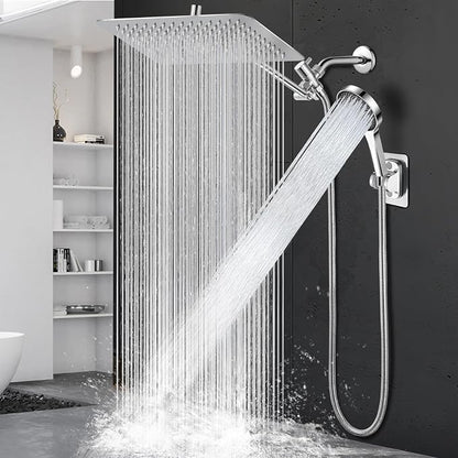 14 Inch Shower Head, Rain Shower Head with Adustable Extension Arm, Detachable Silver Rina Shower Head with Handheld Spray, High Pressure Shower Hose with Holder in Bathroom