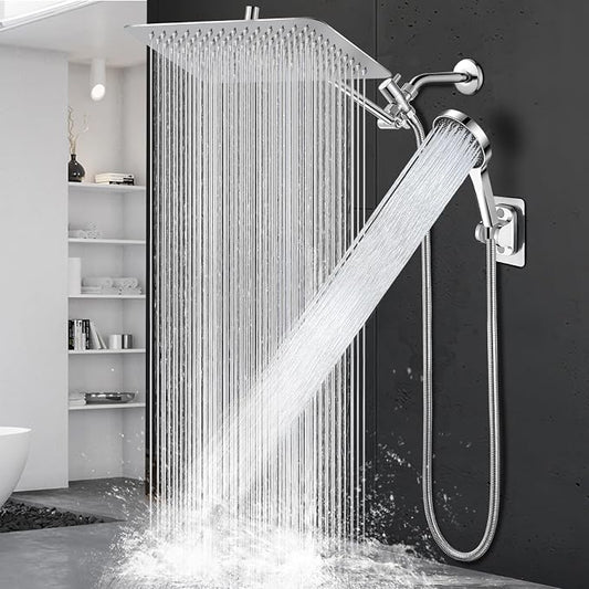 14 Inch Shower Head, Rain Shower Head with Adustable Extension Arm, Detachable Silver Rina Shower Head with Handheld Spray, High Pressure Shower Hose with Holder in Bathroom