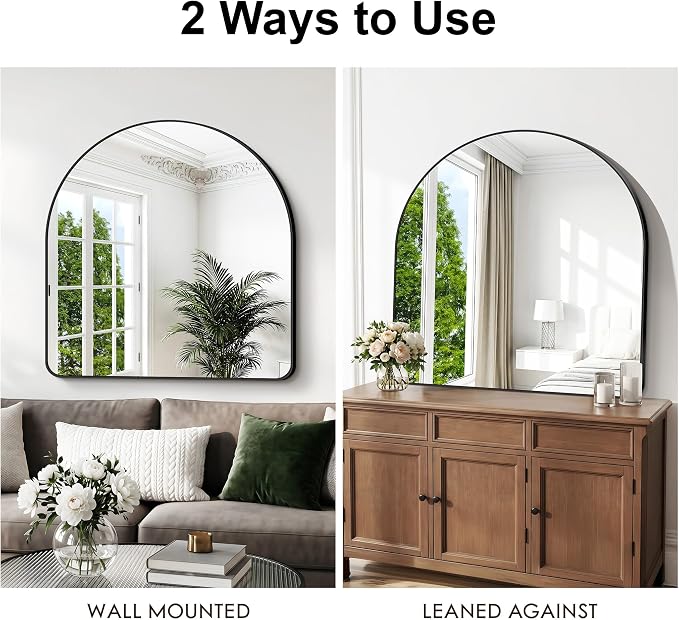 BONEWEI Arched Wall Mirror,45x45 inch Black Arched Mirror Bathroom,Large Vanity Mirror for Over Sink Metal Frame,Tempered Glass Arch Mirrors for Bedroom,Entryway,Living Room,Home Decor Shatter-Proof