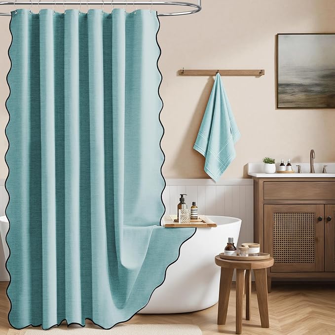 BTTN Extra Long Boho Scalloped Linen Textured Shower Curtain, 72x96, Teal | Extra Tall Size, 230GSM Waterproof Polyester, Heavy Duty Fabric, 12 Plastic Hooks, Elegant Farmhouse Style, Machine Washable