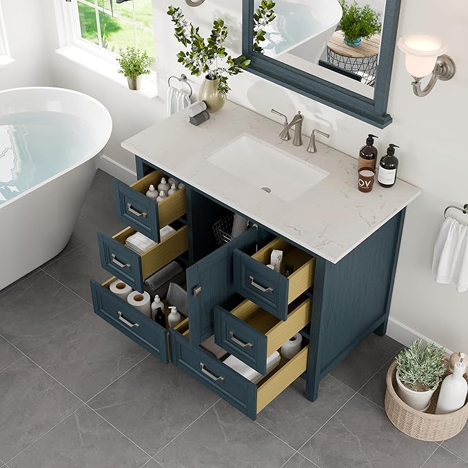 Eviva Britney Ash Blue 42 Inch Bathroom Vanity with Sink - A Fusion of Bathroom Sink Cabinet - White Undermount Porcelain Sinks - Bathroom Vanities for Elegance-Bathroom Sink Vanity
