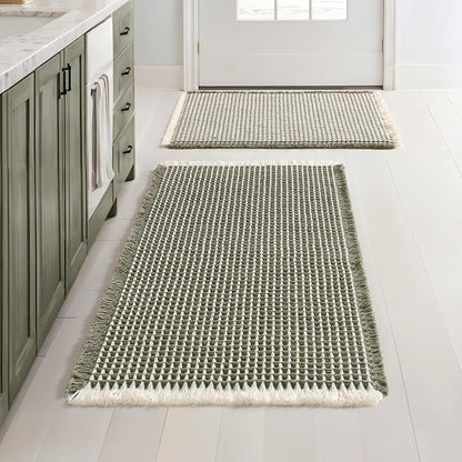 MIULEE Set of 2 Waffle Bathroom Rugs Green&Cream Bath Mat 17"x24"+20"x32" | Non Slip, Super Absorbent, Washable, Ultra Soft, Rubber Backed Bath Rugs for Bathroom Floor Tub Shower, Boho Decor
