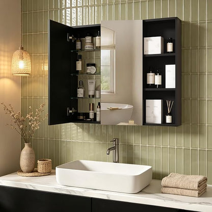 FKWin Double Door Medicine Cabinet Mirror, Wall Mount Bathroom Cabinet | Double Door Modern Surface Mount Medicine Cabinet, More Storage, Adjustable Shelves, Soft Close Hinges, Black, 33x29 Inch