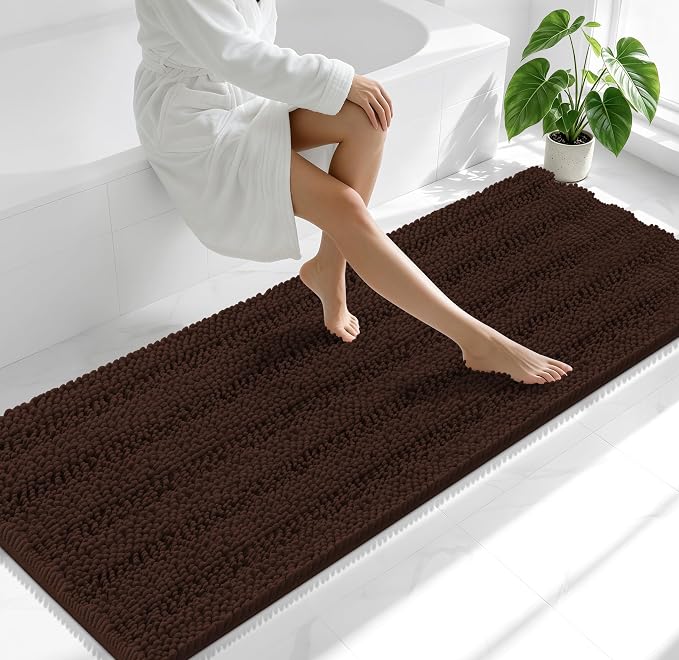 Smiry Thick Chenille Bathroom Runner Rugs 70x24, Absorbent Bath Mat, Brown | Quick‑Dry & Machine Washable, Non‑Slip Bath Carpet, Soft Striped Bath Rugs for Tub & Shower, Modern Home Decor Accessories