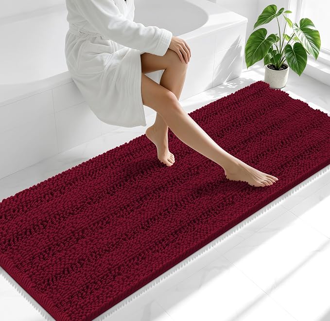 Smiry Thick Chenille Bathroom Runner Rugs 70x24, Soft Bath Mat, Burgundy | Quick‑Dry & Machine Washable, Non‑Slip Bath Carpet, Striped Bath Rugs for Tub & Shower, Modern Home Decor Accessories