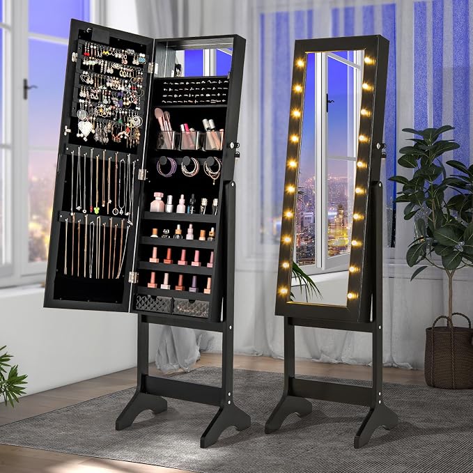 GOFLAME Jewelry Armoire Cabinet Standing, Lockable Full Length Mirror with Storage Shelves and 2 Drawers, Adjustable Tilt Angles, Stand Up Jewelry Box with Lighted Mirror (Black)