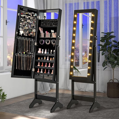 GOFLAME Jewelry Armoire Cabinet Standing, Lockable Full Length Mirror with Storage Shelves and 2 Drawers, Adjustable Tilt Angles, Stand Up Jewelry Box with Lighted Mirror (Black)