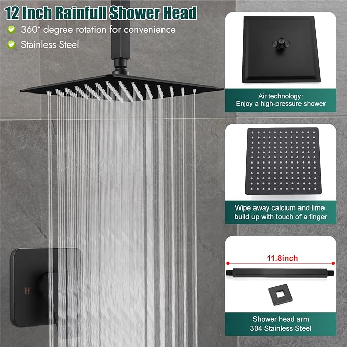 Heyalan 12-Inch Ceiling Mount Shower Faucet Set with Valve, Matte Black | Rainfall shower head, ceiling-mount design, SUS304 steel, adjustable angle, single-handle control