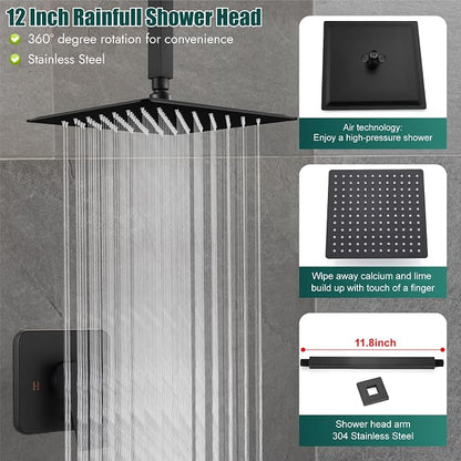 Heyalan 12-Inch Ceiling Mount Shower Faucet Set with Valve, Matte Black | Rainfall shower head, ceiling-mount design, SUS304 steel, adjustable angle, single-handle control