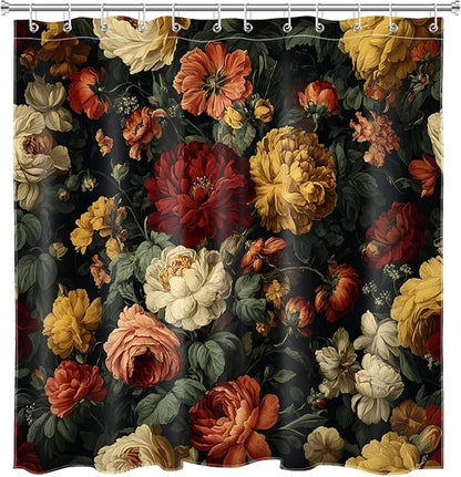 Vintage Dark Floral Shower Curtain for Bathroom, Moody Black Boho Botanical Flower Design Retro Farmhouse Fabric Bath Curtain with 12 Hooks, 72W x 78L Inches
