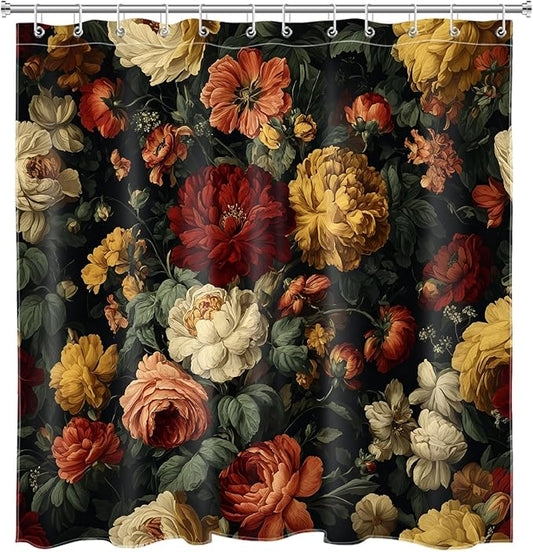 Vintage Dark Floral Shower Curtain for Bathroom, Moody Black Boho Botanical Flower Design Retro Farmhouse Fabric Bath Curtain with 12 Hooks, 72W x 78L Inches