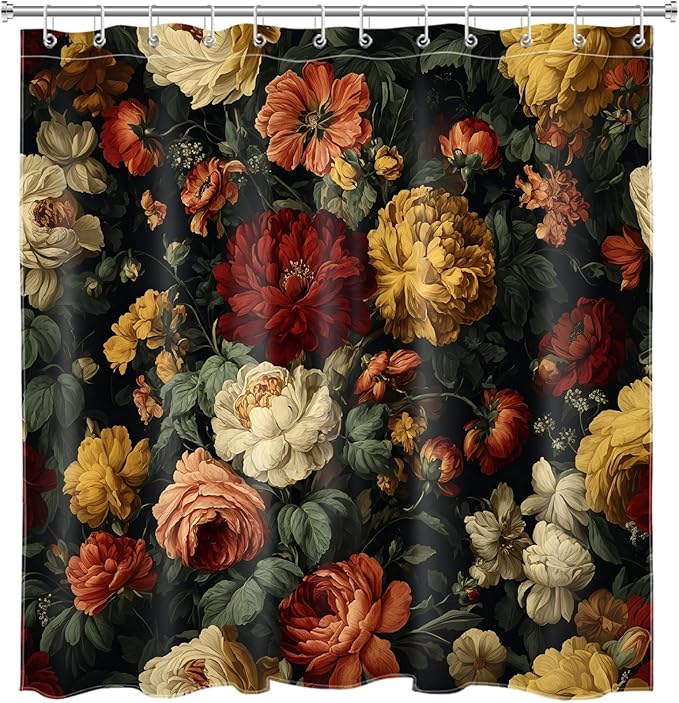 Vintage Black Floral Shower Curtain for Bathroom, Dark Boho Floral Shower Curtain Farmhouse Flower Botanical Waterproof Bath Curtains with 12 Hooks, 72X72 Inch