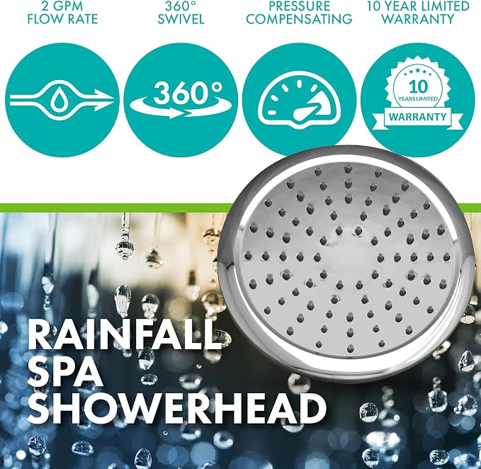 Niagara Conservation N9520CH Rainfall Spa 1-Spray with 2 GPM 8-in. Wall Mount Adjustable Fixed Shower Head in Chrome, 1-Pack | Bathroom Shower Head Sprayer with Pressure Compensation