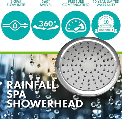 Niagara Conservation N9520CH Rainfall Spa 1-Spray with 2 GPM 8-in. Wall Mount Adjustable Fixed Shower Head in Chrome, 1-Pack | Bathroom Shower Head Sprayer with Pressure Compensation
